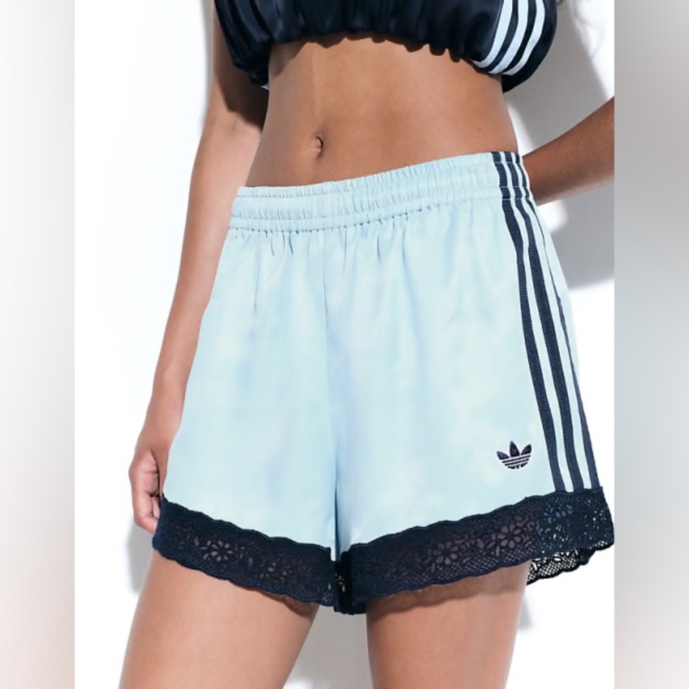 adidas Originals x ASOS shorts with lace hem in pale blue NWT Small Medium - Picture 1 of 3